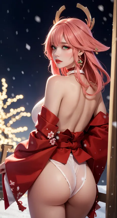 ((winter background)), ((Japan snowing background)), (((luminous background))), (turning back, (back shot), ass focus, brow front,:1.2), (Masterpiece, Excellent, 1girl, solo, complex details, color difference), realism, ((medium breath)), off-the-shoulders...