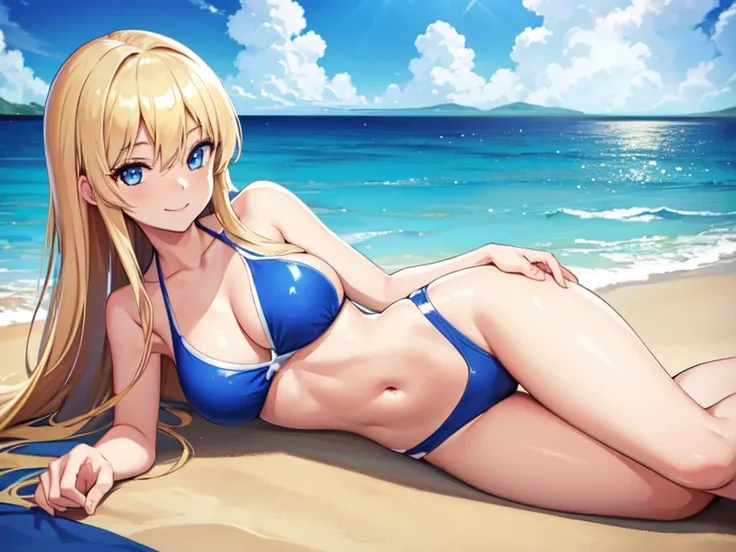 1girl, long blonde hair, blue eyes, wearing blue swimsuit, smile, beach, high res, ultrasharp, 4K, masterpiece, looking at viewer