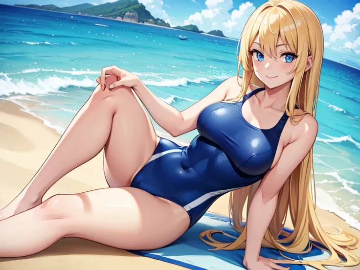 1girl, long blonde hair, blue eyes, wearing blue swimsuit, smile, beach, high res, ultrasharp, 4K, masterpiece, looking at viewer