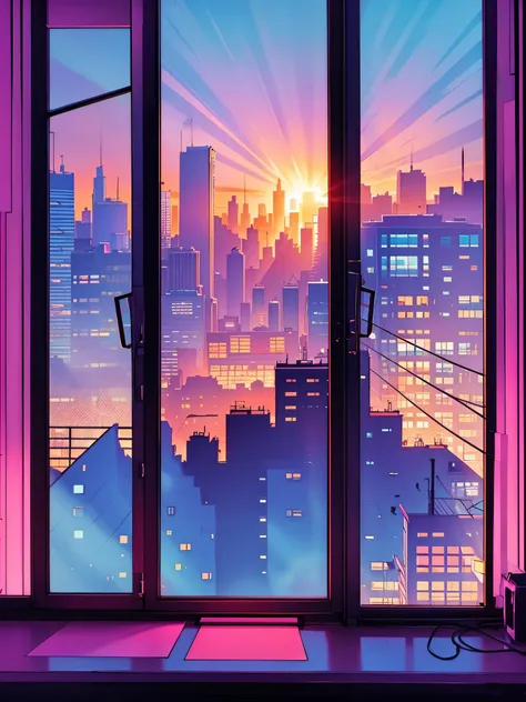 View from the penthouse window to the colorful city, City sunset, The city, sunset night, Sunrise background, City twilight landscape, 4 k hd illustrative wallpaper, [ Synthwave style 4K ]!!, Иллюстрация обоев 4 K HD, neon landscape, Synthwave City, Neon C...