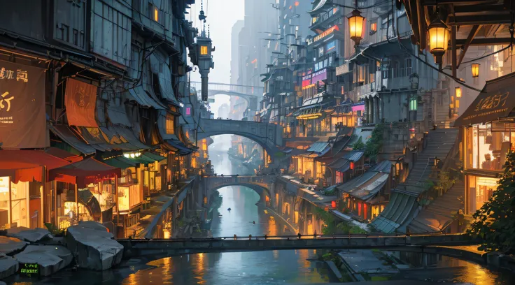 ((masterpiece)),((best quality)),((high detail)),((realistic,)) Futuristic era city, deep gorges in the middle, architectural streets, bazaars, bridges, rainy days, cyberpunk, European architecture