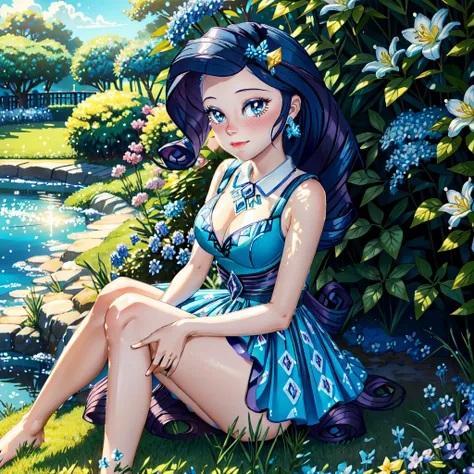 Rarity, rarity from my little pony, rarity in the form of a girl, lushes breast, curvy hips, dark purple curly hair, blue oceanic eyes, barefoot, white and blue dress, in a mythical garden, ethereal garden, sitting down on grass, waterfall, blue and white ...