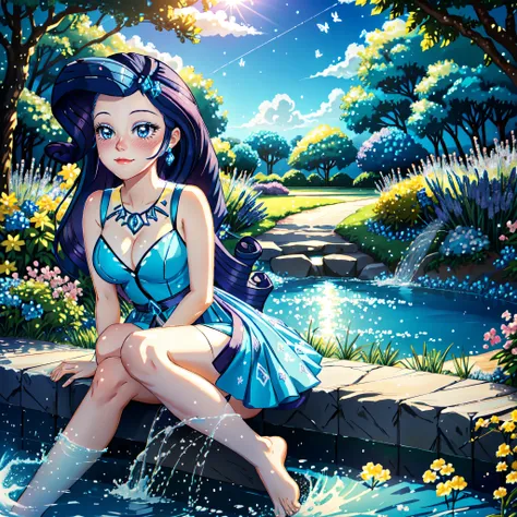 Rarity, rarity from my little pony, rarity in the form of a girl, lushes breast, curvy hips, dark purple curly hair, blue oceanic eyes, barefoot, white and blue dress, in a mythical garden, ethereal garden, sitting down on grass, waterfall, blue and white ...