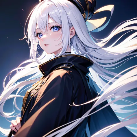 Tokyo at midnight、white haired adult woman、I have an assault rifle、He wears a large black witch hat with sapphire accessories、blue eyes、Two-dimensional illustration、Japan Anime、drawn by Japanese ilastrator、high-level image quality、4K picture quality、High Q...