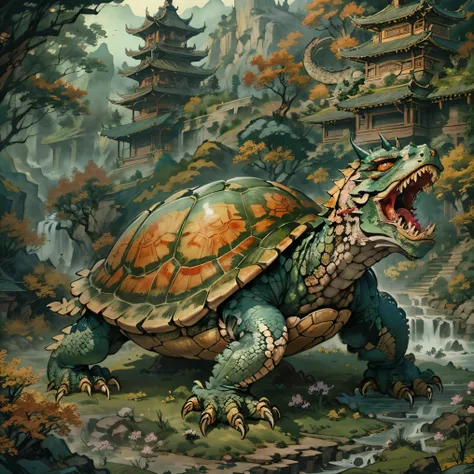 (Best quality,8K,A high resolution,tmasterpiece:1.2),ultra - detailed,(actual,realistically,realisticlying:1.37),Ancient turtle from hell，(Turtle-shell dragon-headed monster:1.5)，Chinese totem tortoise shell，Chinese，Ancient divine beasts，Landscape backgrou...