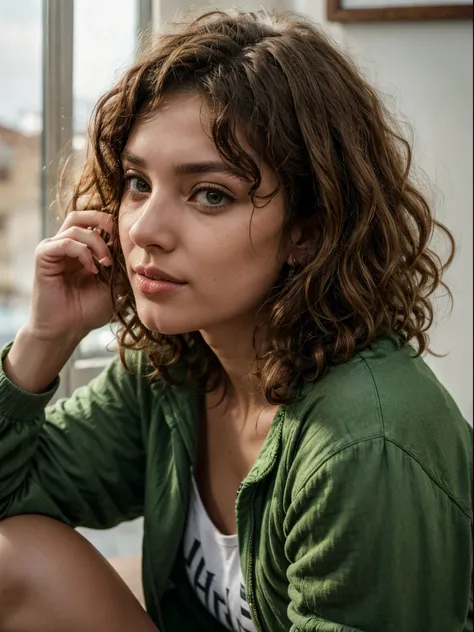 brown eyes, brown solid circle brown eyes, small nose,((((medium and curly hair)))),(medium hair), Mediterranean Caucasian girl, 30 years old, ultra-high resolution.fotorrealistic: 1.4, ((((Enara Aiza)))), highest quality, Ultra-detailed, Fine pores, hyper...