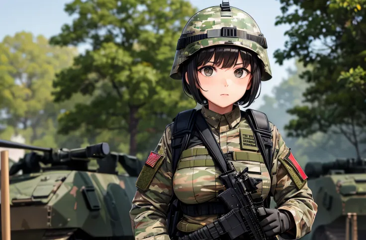 1girl, short hair, black eyes, big breast, army, uniform (military_dpm_camouflage_pattern), mich helmet, assault rifle, chest rig, waist bag, protective plate carrier, forest, indonesian_national_army