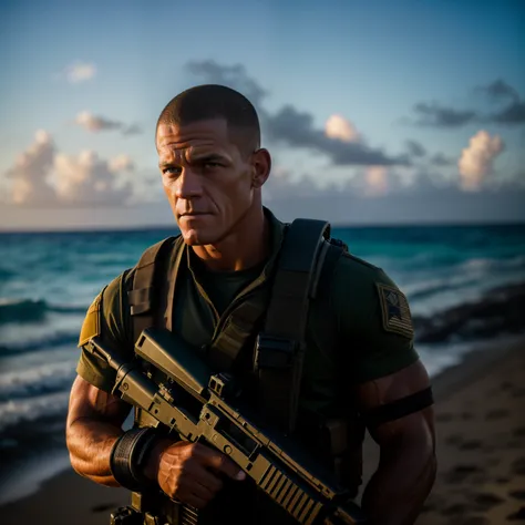 ( A mercenary on mission in the Caribbean, Cena de filme, Hes in action and his hair is straight and modern ) 8k, UHD, severe low lighting, alta qualidade, foco nitido, Fujifilm XT3