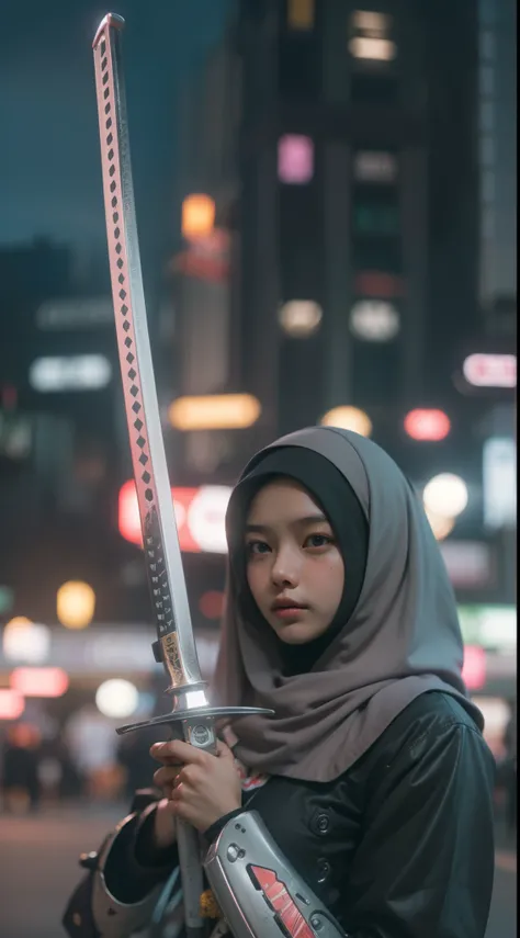 a malay teenage girl in hijab and mecha suit holding samurai sword in fighting pose in front of crowded bustling kuala lumpur malaysia city streets, serious face, nighttime, 35mm lens, establishing shot, pastel color grading, depth of field cinematography ...