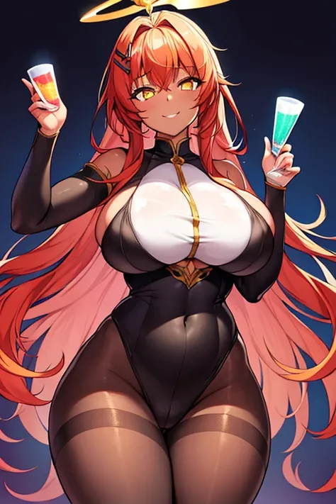 1girl, large breasts, thick thighs, wide hips, smile, dark body, dark skin, yellow eyes, (red hair), red hair, long hair, bodysuit, white bodysuit, cleavage cutout, cutout, underboob cutout, white clothes, pants, smirk, smug, glowing eyes, pantyhose, white...