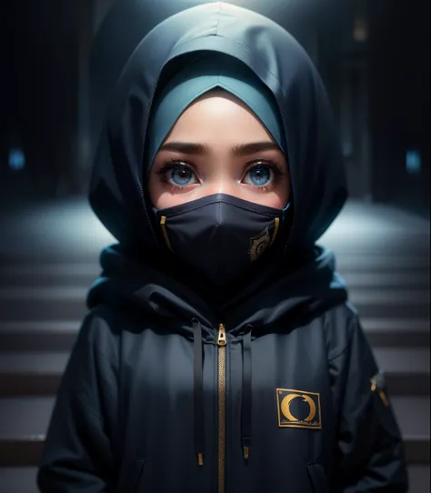 （masterpiece), A Muslim girl, wearing a hijab, hoodie and mask, Dark backgrounds with perfect lighting are made by experts