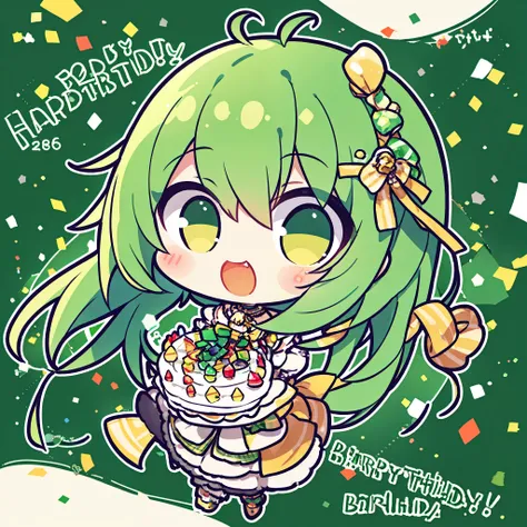 1girl, chibi, green hair, yellow eyes, detailed beautiful face and glowing eyes, full body, happy birthday, birthday, banner, (confetti),cake, birthday cake, cake slice, 8k, ultra detail, very complicated background