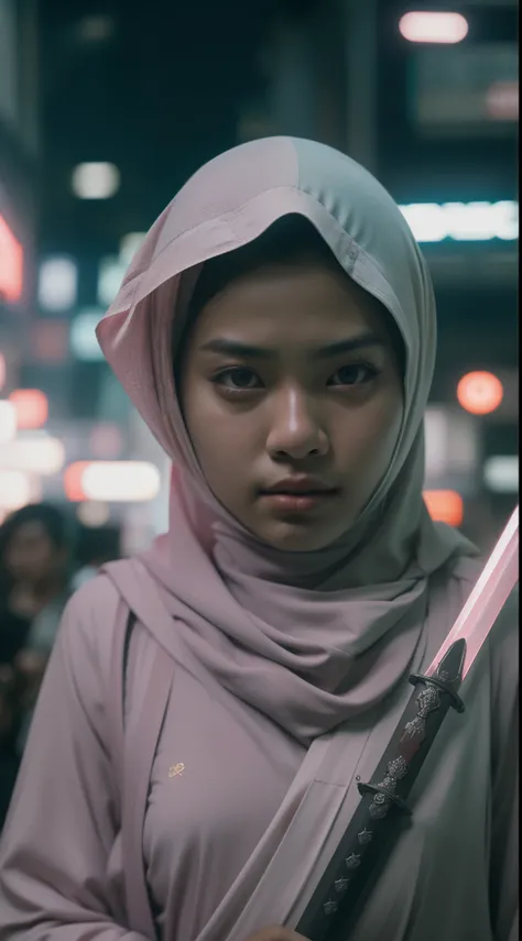 a malay teenage girl in hijab and mecha suit holding samurai sword in fighting pose in front of crowded bustling kuala lumpur malaysia city streets, serious face, nighttime, 35mm lens, establishing shot, pastel color grading, depth of field cinematography ...