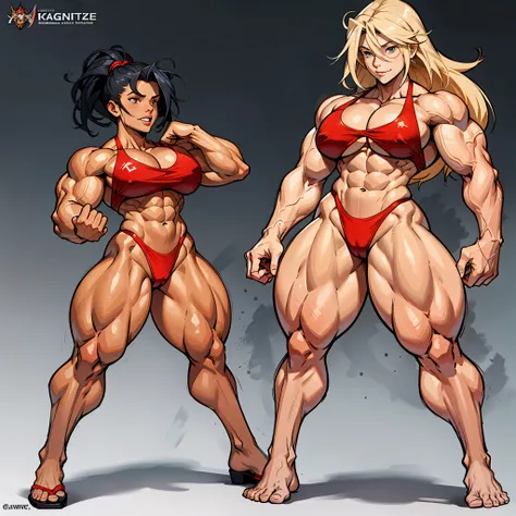 un grand plan deux personnages dessins animés; une femme avec des muscles, Muscular characters, exaggerated physique, feminine and muscular, Muscular girl, Muscular warrior women, muscular character, exaggerated muscle physique, femmes corps entier, muscul...