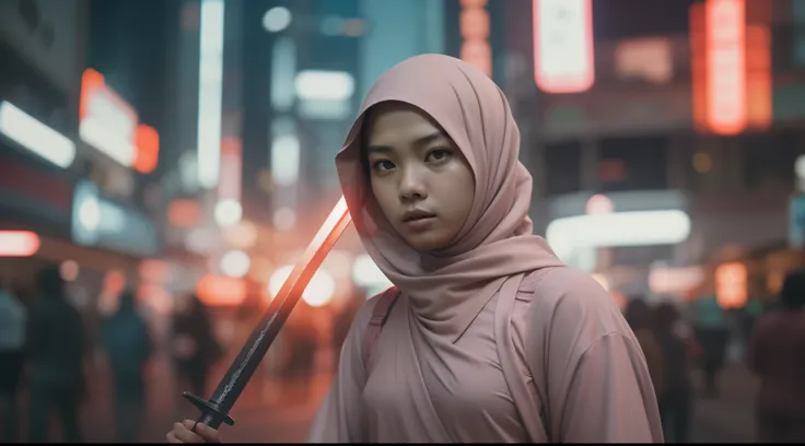 a malay teenage girl in hijab and mecha suit holding samurai sword in fighting pose in front of crowded bustling kuala lumpur malaysia city streets, serious face, nighttime, 35mm lens, establishing shot, pastel color grading, depth of field cinematography ...