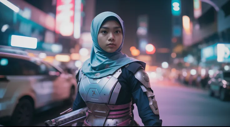 a malay teenage girl in hijab and mecha suit holding samurai sword in fighting pose in front of crowded bustling kuala lumpur malaysia city streets, serious face, nighttime, 35mm lens, establishing shot, pastel color grading, depth of field cinematography ...