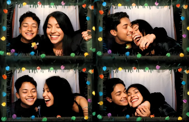 A boy and a girl in a Photo Booth smiling, laughing while the boy wants to bite the girls cheek, and the boy kissing the girls cheek and the girl smiling with her eyes closed