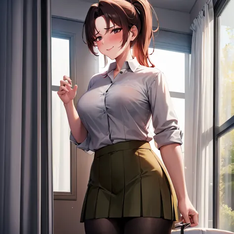 1girl, mature, milf, ponytail, medium chest, khaki shirt, khaki skirt, pantyhose, teacher, look at camera, window curtain, side boob, sexy, blush red, evil smile,