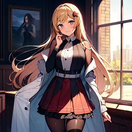 ((masterpiece:1.5)),((Finest quality)),(Ultra-high precision),8k picture, Top quality , Highest level of resolution, sharpness, laughing, two side up, layered skirt, trench coat, halterneck, glamorus, tights ,biologically correct hand, cheerful, long hair,...