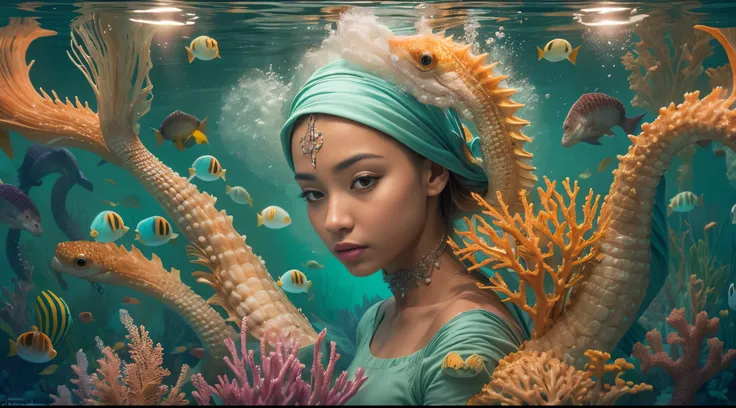 Craft a surreal underwater scene with a Malay girl in hijab riding a majestic seahorse through a magical coral reef. Illuminate the underwater world with a soft, ethereal glow, and incorporate mythical sea creatures around them. Create a sense of wonder an...