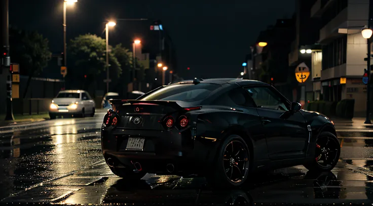 R35 CAR WALLPAPER FOR PHONE WITH LICENSE PLATE ASMK, 4K, UTRA REALISTIC, NIGHT RAINY STREET, BACK OF THE CAR IMAGE FROM A SIDE VIEW