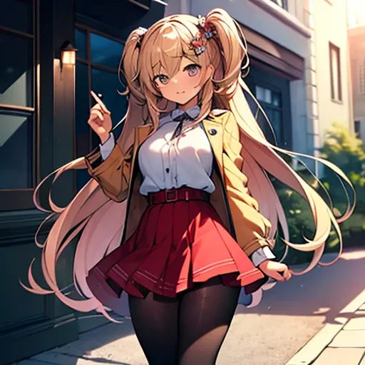 ((masterpiece:1.5)),((Finest quality)),(Ultra-high precision),8k picture, Top quality anime, Highest level of resolution, sharpness, two side up, tights ,biologically correct hand, cheerful, long hair, hair ornament, layered skirt, trench coat, halterneck,...