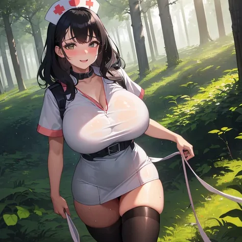 ((1 woman in sexy nurse outfit)),((huge breasts)),((happy face,in a forest,blush,face)),((walking,wet pussy)),((very large pubic hair) ),((black hair with a white stripe)),((facing the viewer, in a forest)),