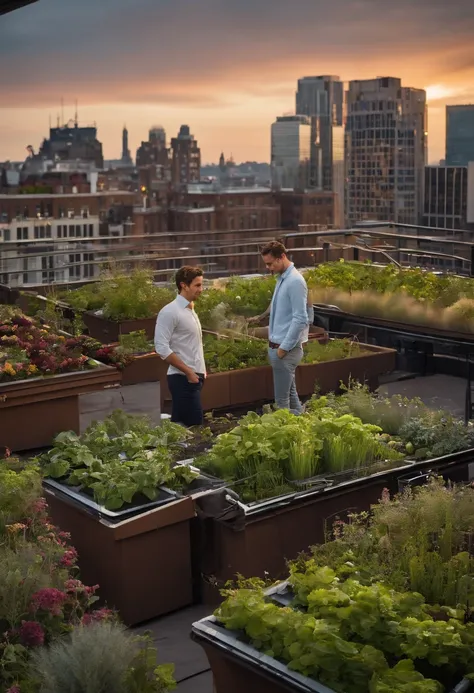 A photo of Spiegel, man, exploring a high-tech urban rooftop garden,original,Evan Spiegel, white male, short brown hair, cleft chin