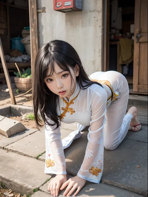 vietnamese woman，Beautuful Women，(Crawling on all fours)，crawling on hands and knees，Kneeling position，Posture with buttocks sticking out，((put out the tongue))，(((Drooling)))，dripping saliva，Kamimei，(((Ao Dai)))，(Landscape of Vietnam)， ((Slums))，surrealis...