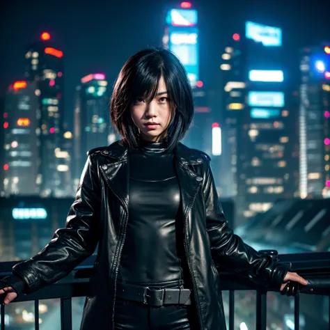 cute asian attractive young female cyborg with thick short hair, small chest, action pose, long leather overcoat jacket, wearing black matte bodysuit covering her whole body, setting in dark dystopian futuristic night cityscape, standing on the roof, holdi...