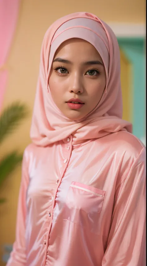 Vogue style photo shoot of malay teenage girl in hijab and pink sexy pyjamas with pastel colored background in Wes Anderson style, seducing pose, hyper - realistic photography, Wes Anderson style, full body, 35mm lens, Extreme close-up, pastel color gradin...