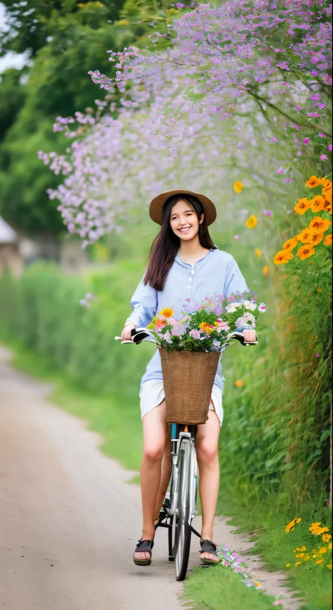 A beautiful girl in a casual and simple style, riding a bicycle at a village road with wild flowers arounds the pathway, high quality, intricated detailed, ultra HD res, fantasy realistic