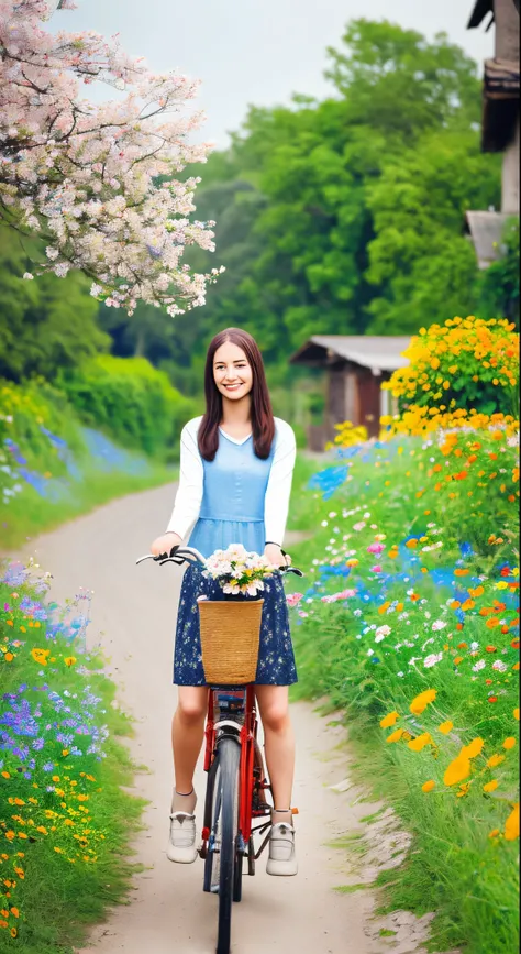 A beautiful girl in a casual and simple style, riding a bicycle at a village road with wild flowers arounds the pathway, high quality, intricated detailed, ultra HD res, fantasy realistic