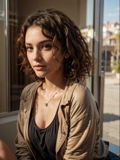 brown eyes, brown solid circle brown eyes, small nose,((((medium and curly hair)))),(medium hair), Mediterranean Caucasian girl, 30 years old, ultra-high resolution.fotorrealistic: 1.4, ((((Enara Aiza)))), highest quality, Ultra-detailed, Fine pores, hyper...