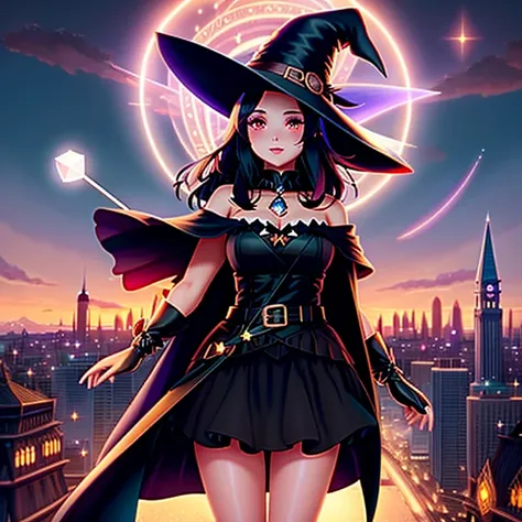 witch with a hat and a cape standing in front of a city, flirty anime witch casting magic, black - haired mage, pretty sorceress, a beautiful sorceress, mighty plump female sorceress, beautiful sorceress, megumin, supervillain sorceress witch, sorceress, f...