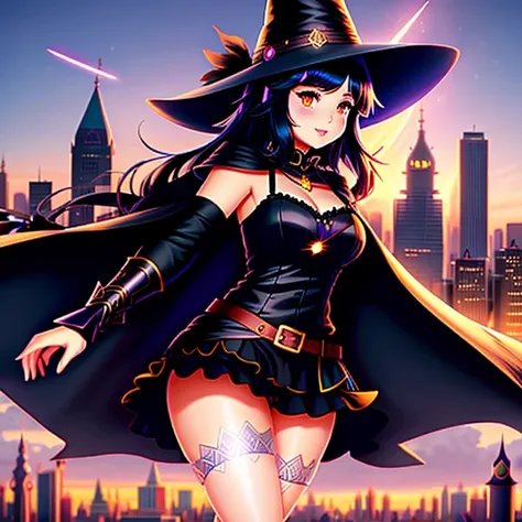 witch with a hat and a cape standing in front of a city, flirty anime witch casting magic, black - haired mage, pretty sorceress, a beautiful sorceress, mighty plump female sorceress, beautiful sorceress, megumin, supervillain sorceress witch, sorceress, f...