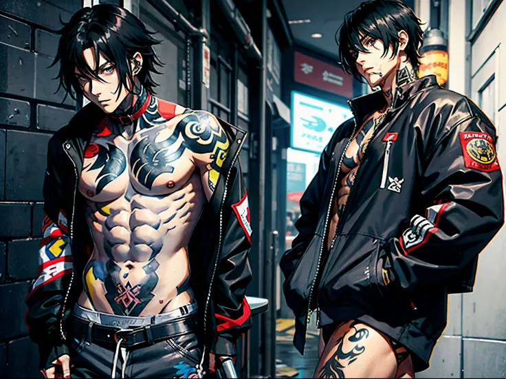 anime sexy man, black hair, tattoes, oversized gray jacket