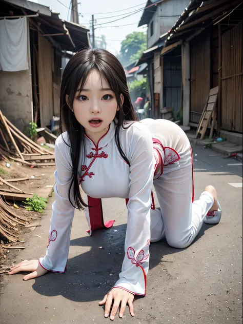 vietnamese woman，Beautuful Women，(Crawling on all fours)，crawling on hands and knees，Kneeling position，Posture with buttocks sticking out，((put out the tongue))，(((Drooling)))，dripping saliva，Kamimei，(((Ao Dai)))，(Landscape of Vietnam)， ((Slums))，surrealis...