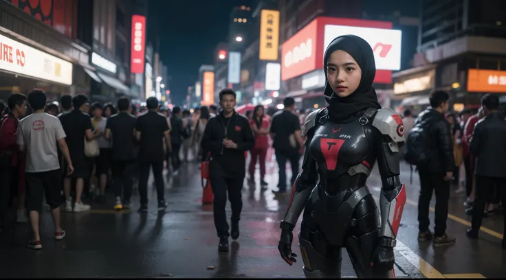 a malay teenage girl in hijab and mecha suit standing in action in front of bustling kuala lumpur malaysia city streets, serious face, nighttime, 35mm lens, Extreme close-up, pastel color grading, depth of field cinematography effect, film noir genre, 8k r...