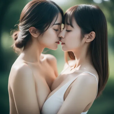 From woman to woman、embracing each other、profile、hposing Gravure Idol、((top-quality、in 8K、​masterpiece:1.3))、Raw photography、barechested、tits out、