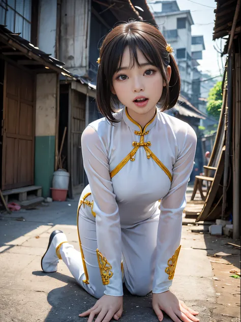 Beautiful Vietnamese woman，Beautuful Women，(Crawling on all fours)，crawling on hands and knees，Kneeling position，Posture with buttocks sticking out，((put out the tongue))，(((Drooling)))，(dripping saliva)，Kamimei，(((Ao Dai)))，(Landscape of Vietnam)， ((Slums...