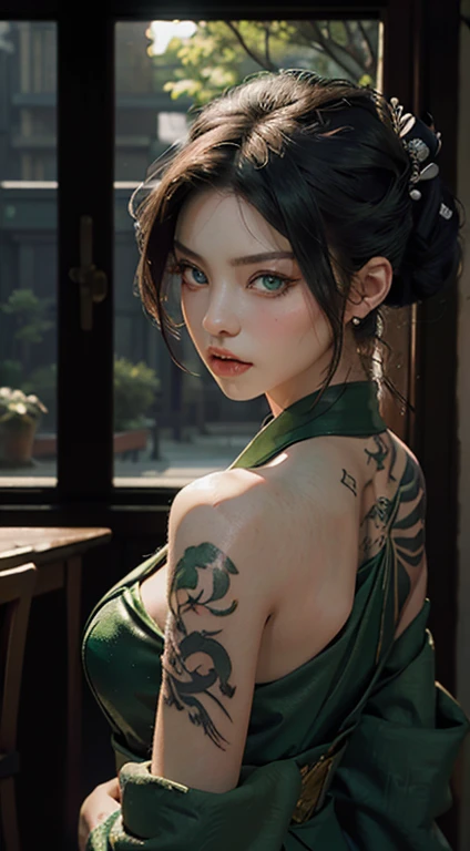 Best quality, masterpiece, super high resolution (authenticity: 1.1). A girl with emerald green eyes and bare shoulders. Tattooed back. Angry look. Geisha. The movie version of warm lighting illuminates bright rooms, modern architecture, and beautiful back...