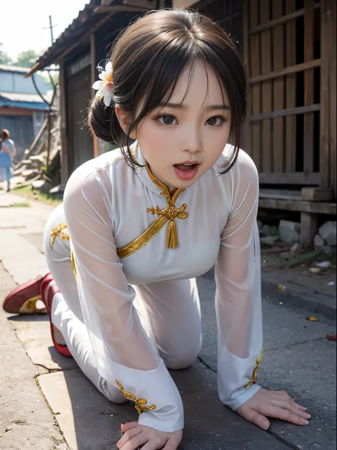 Beautiful Vietnamese woman，Beautuful Women，(Crawling on all fours)，crawling on hands and knees，Kneeling position，Posture with buttocks sticking out，((put out the tongue))，(((Drooling)))，(dripping saliva)，Kamimei，(((Ao Dai)))，(Landscape of Vietnam)， ((Slums...