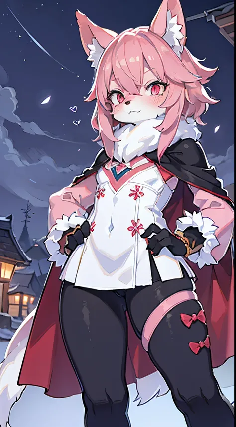 A tiny anthropomorphic wolf, student clother, with pink fur and glowing eyes. Sakura has the same color hair. A costume that combines elements of his lupus and human form. Sakura wears a cape that resembles a wolfs fur and accessories that highlight her he...