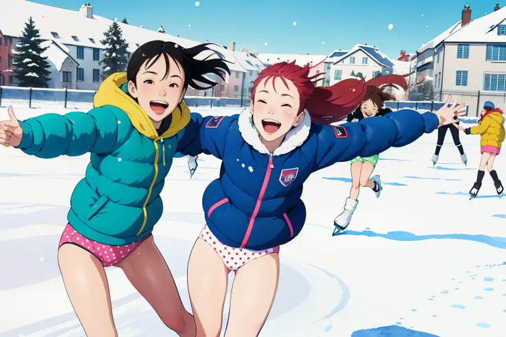 (superflat, flat shading, flat colors),  2girls, 14yo, teen, down jacket, (polka dot panties), no skirt, long hair, ice skating, smile, laugh, fun, play, dynamic pose, winter, snow, bright, wide angle, vibrant colors, watercolor, ghibli style