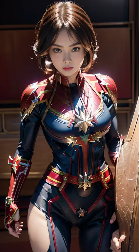 Anime girl posing in red and black leather costume , realist, ( ( Captain Marvel))、 biomechanical oppai, fanart best artstation, artgerm style, Marked cat,masutepiece, Full Detail,  Photorealistic, 8K, ( Big thighs)