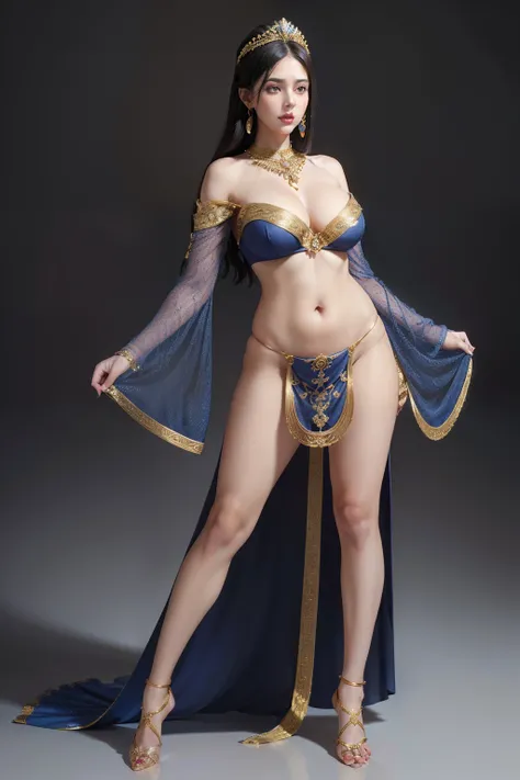 ((masterpiece, best quality, ultra-detailed, ultra-HD, photorealistic, cinematic)), ((alluring female Egyptian Princess)), (surrealism), (wide shot, full body view:1.5), (voluptuous body), (semi-naked), perfect body, sexy body, perfect face, perfect hands,...