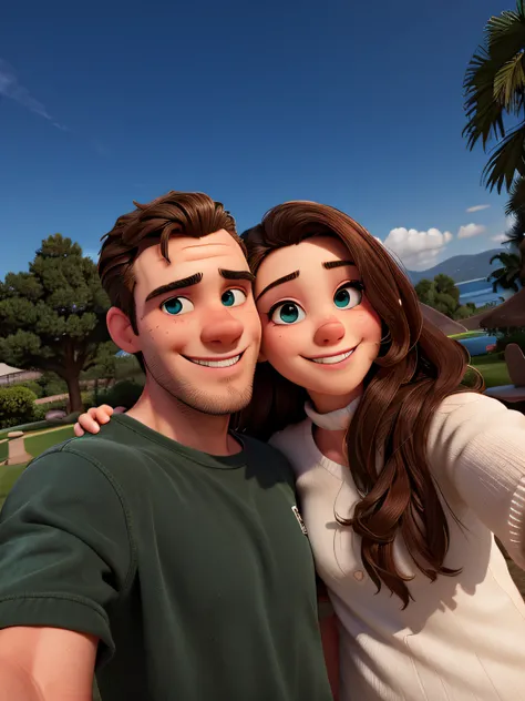 There is a man and a woman taking a selfie together, a nice couple, a happy couple, in love, smiling couple, an unforgettable day, eye colors hazel