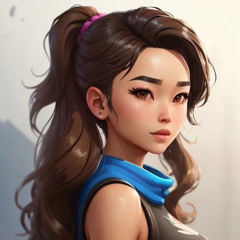 female Fortnite skin with dark brown wavy long hair dark brown eyes tan skin Asian