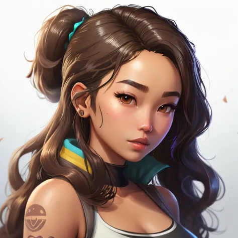 female Fortnite skin with dark brown wavy long hair dark brown eyes tan skin Asian